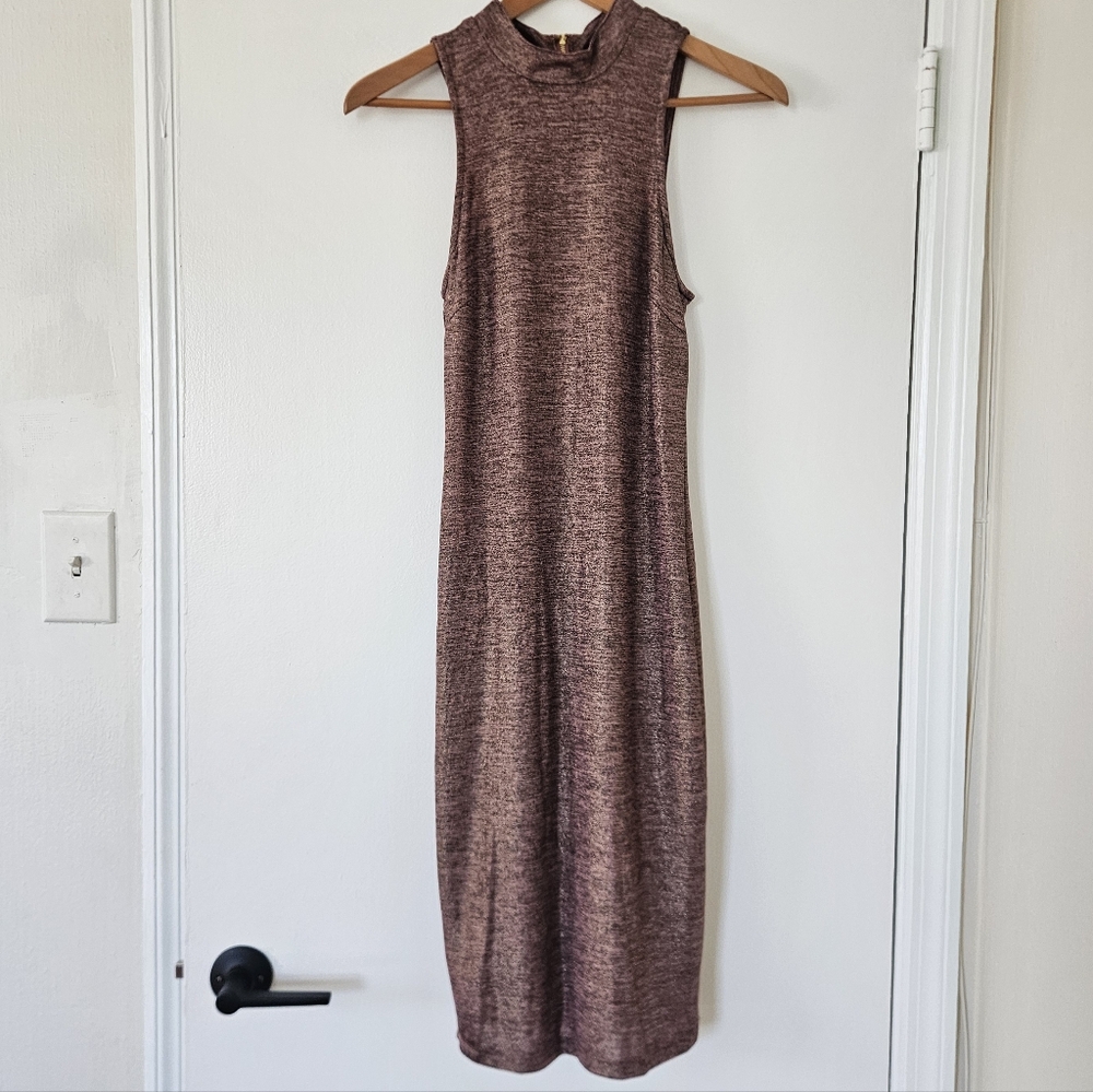 Bebe Dress Midi S Pink Indie Sleeze Metallic Mock Neck Shimmer Y2K 90s Column